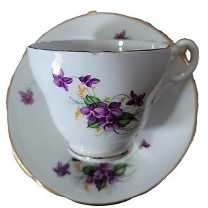 Vintage Crownford English Bone China  Cup Saucer Set Purple Violets Gold Trim